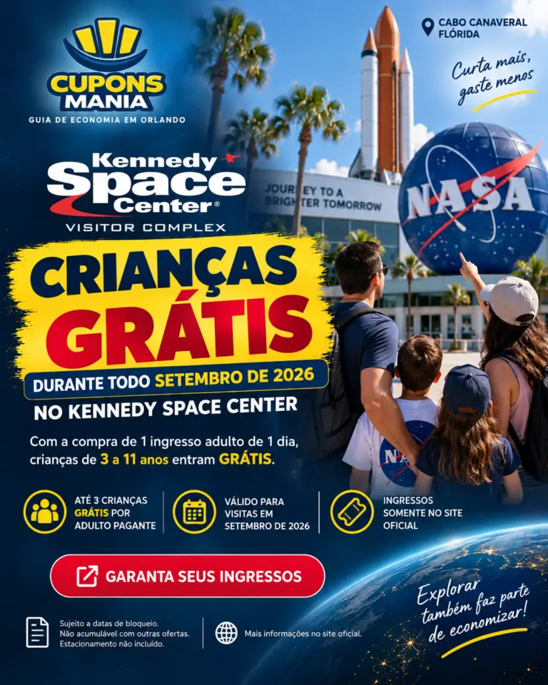 Promoção do Kennedy Space Center em setembro de 2026: crianças grátis com ingresso adulto elegível