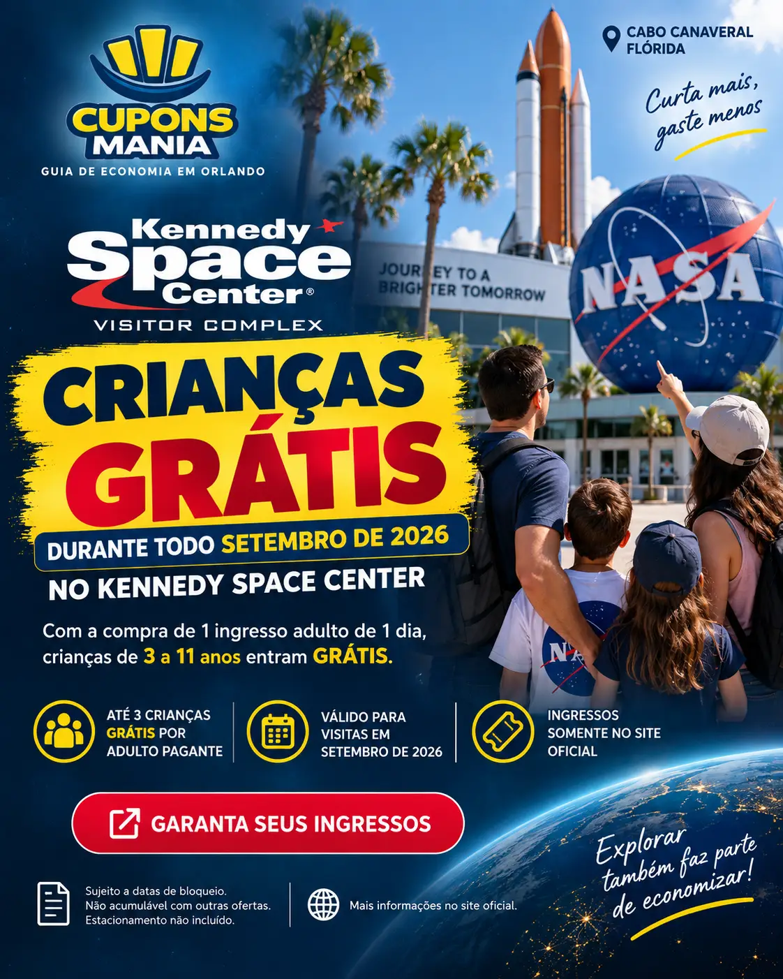 Promoção do Kennedy Space Center em setembro de 2026: crianças grátis com ingresso adulto elegível