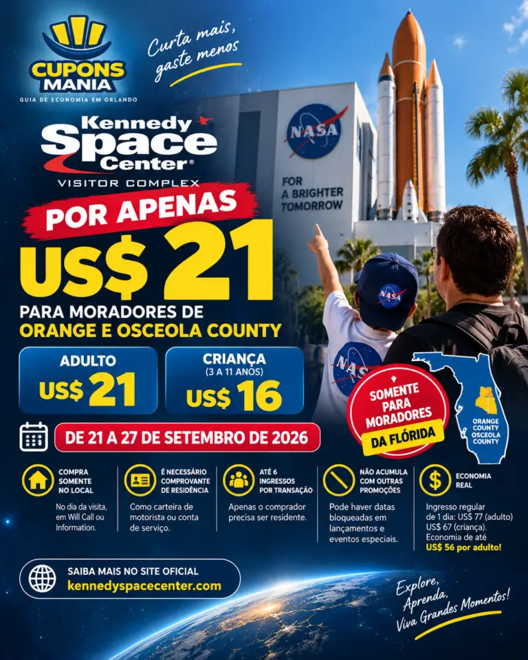 Kennedy Space Center Mercury Offer 2026 para moradores de Orange e Osceola com ingressos a US$21 adulto e US$16 criança, até 76% OFF
