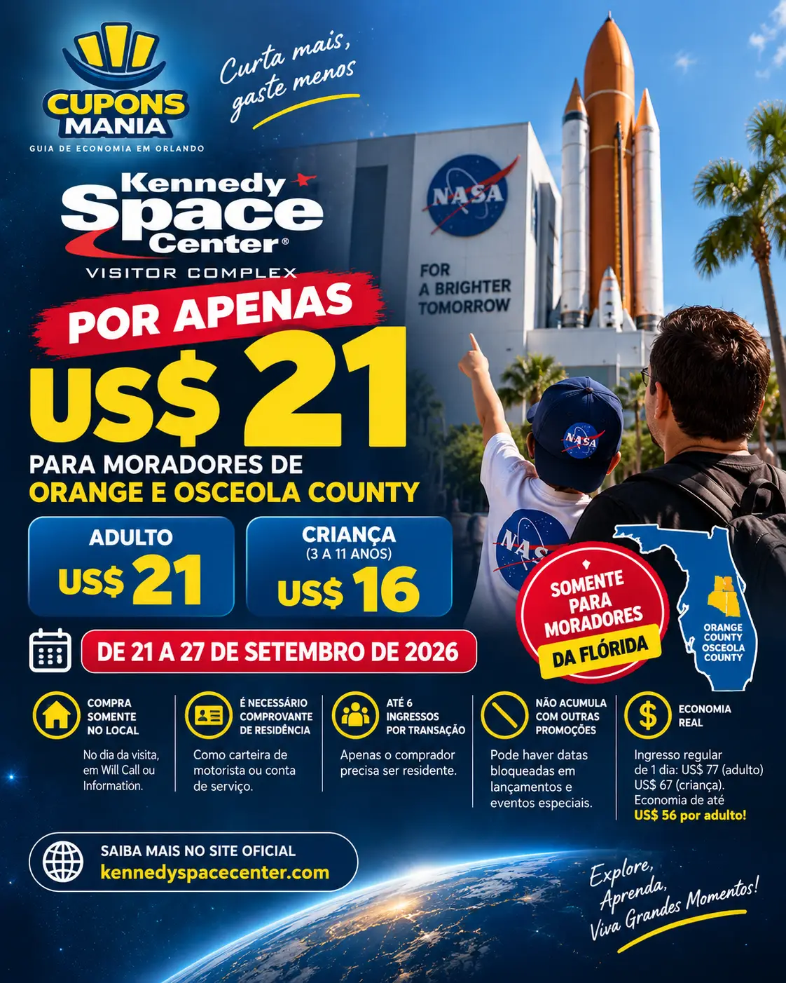 Kennedy Space Center Mercury Offer 2026 para moradores de Orange e Osceola com ingressos a US$21 adulto e US$16 criança, até 76% OFF