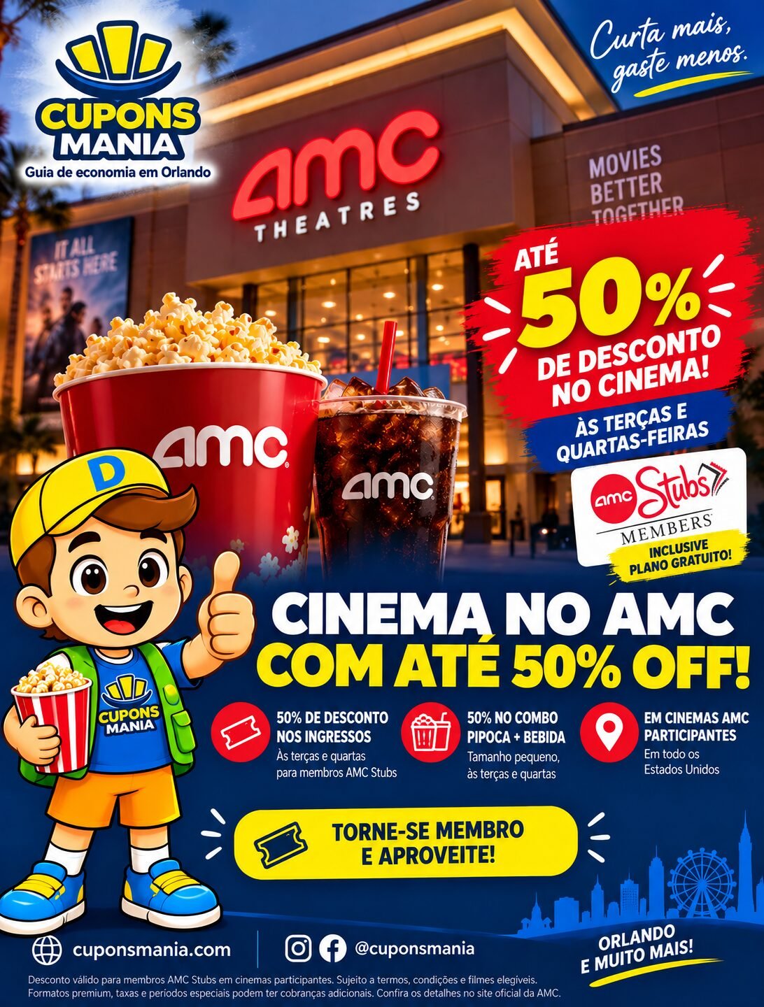 Arte do Cupons Mania sobre até 50% de desconto nos cinemas AMC às terças e quartas-feiras