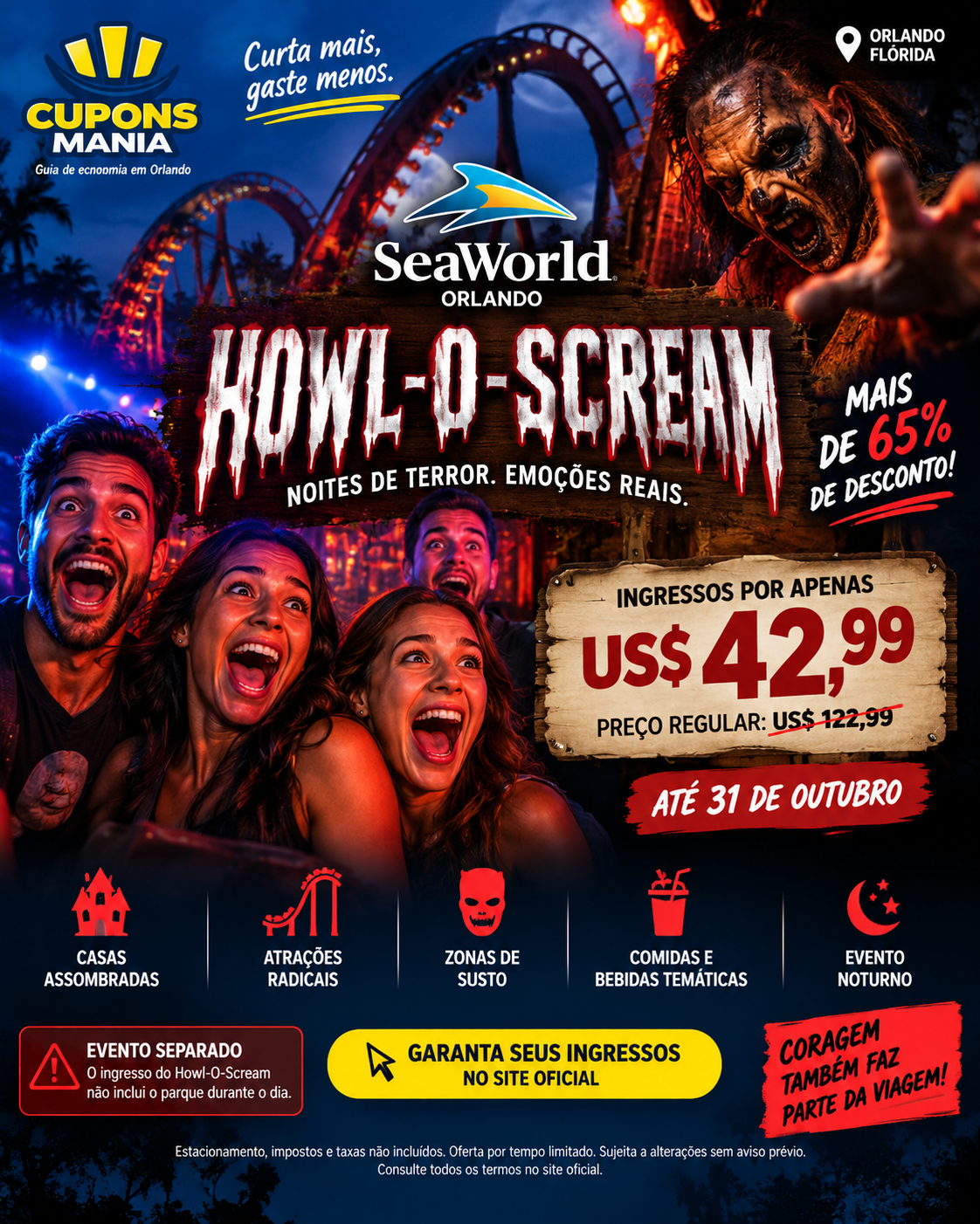 Howl-O-Scream Orlando 2026 com ingressos a partir de US$ 42,99 e mais de 65% de desconto