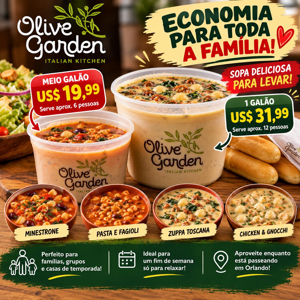 Arte de sopas Olive Garden com preços de meio galão e um galão para famílias em Orlando
